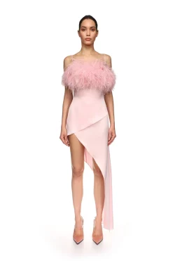 FEATHER TOP TRIM ASYMMETRIC HEM DRESS