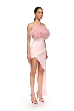 FEATHER TOP TRIM ASYMMETRIC HEM DRESS