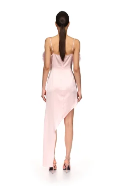FEATHER TOP TRIM ASYMMETRIC HEM DRESS