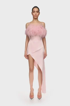 FEATHER TOP TRIM ASYMMETRIC HEM DRESS