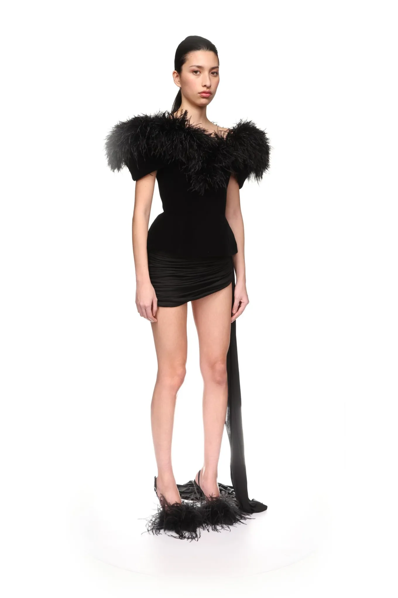 FEATHER TRIM AND VELVET TOP