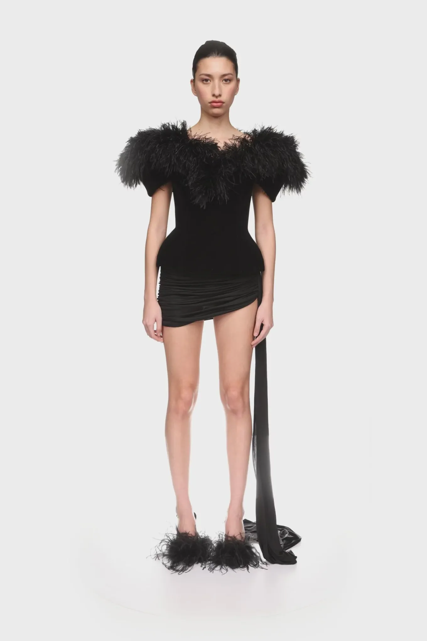 FEATHER TRIM AND VELVET TOP