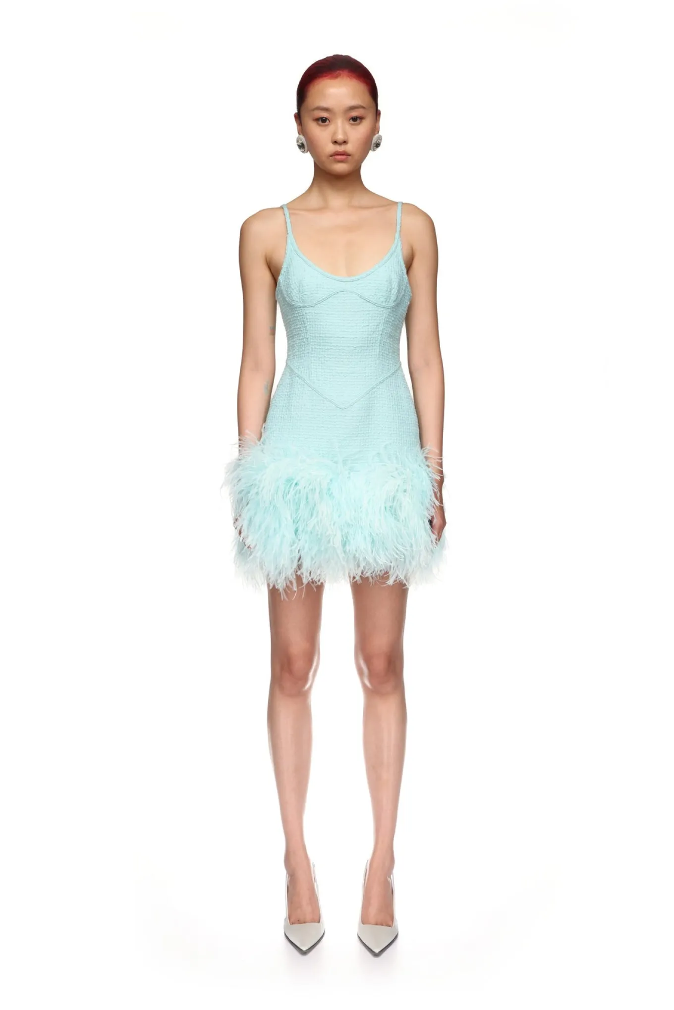 FEATHER TRIM BOUCLE MINI DRESS