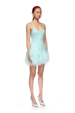 FEATHER TRIM BOUCLE MINI DRESS