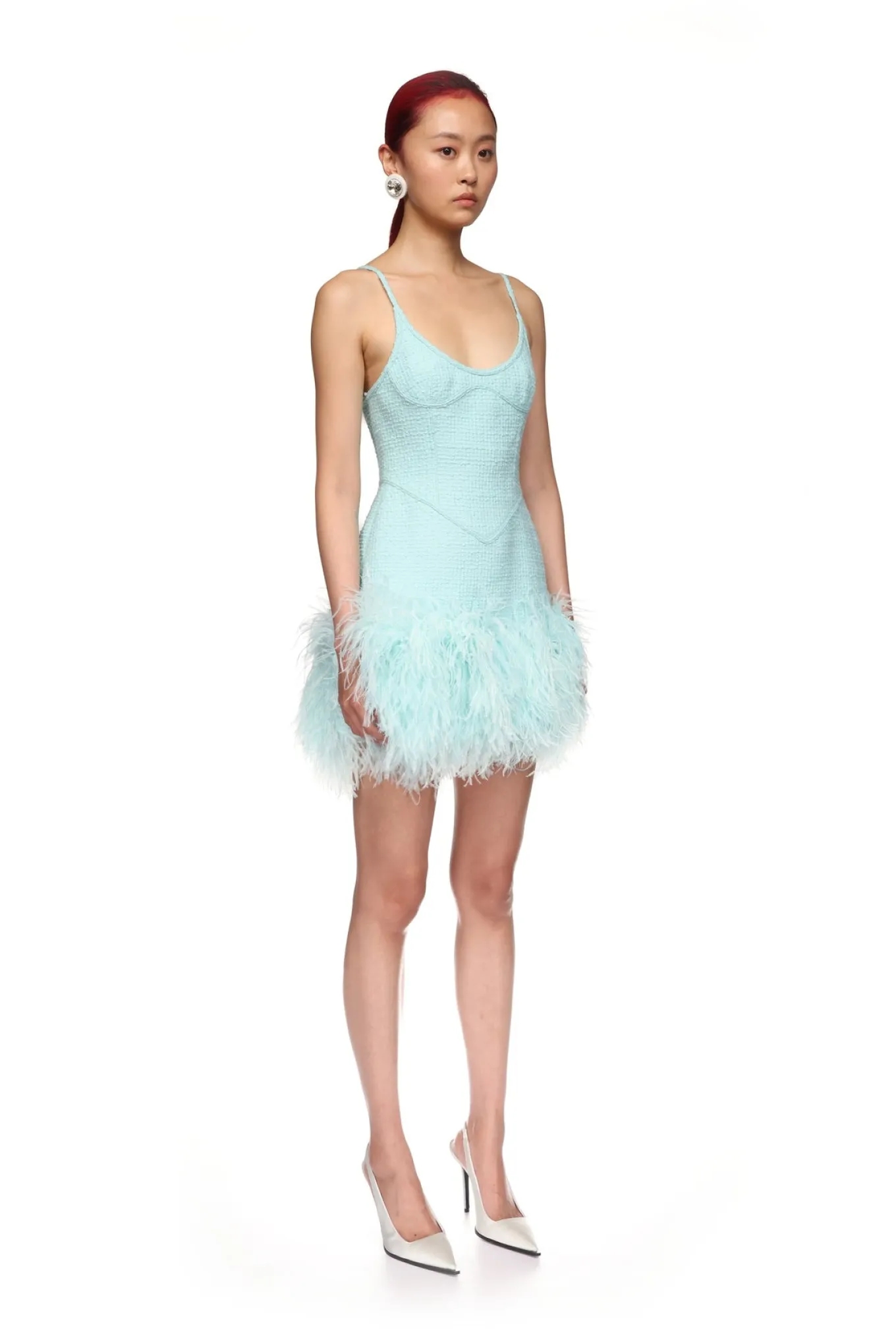 FEATHER TRIM BOUCLE MINI DRESS