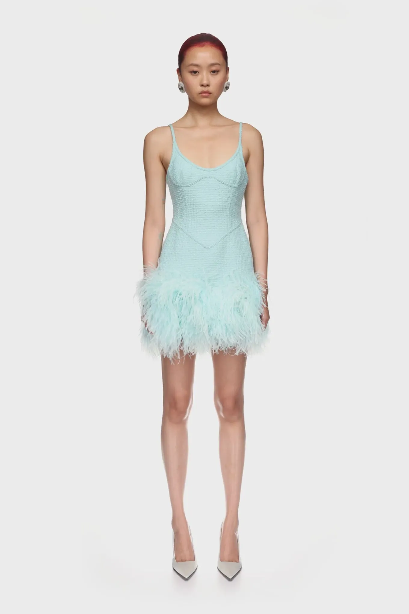 FEATHER TRIM BOUCLE MINI DRESS