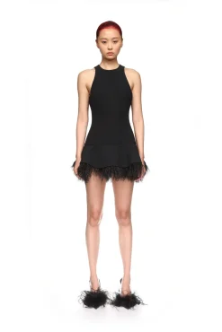 FEATHER TRIM MINI DRESS IN BLACK
