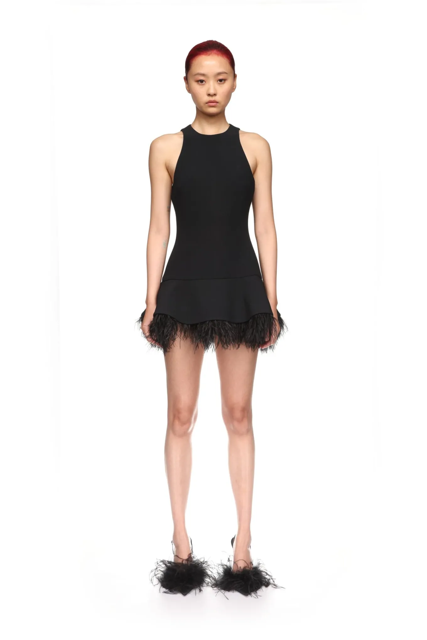 FEATHER TRIM MINI DRESS IN BLACK