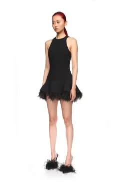 FEATHER TRIM MINI DRESS IN BLACK