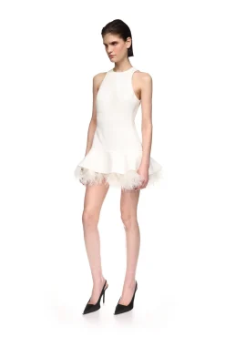 FEATHER TRIM MINI DRESS IN WHITE