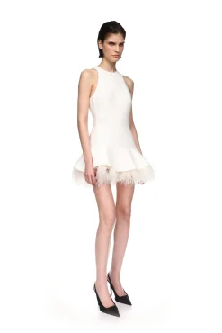 FEATHER TRIM MINI DRESS IN WHITE