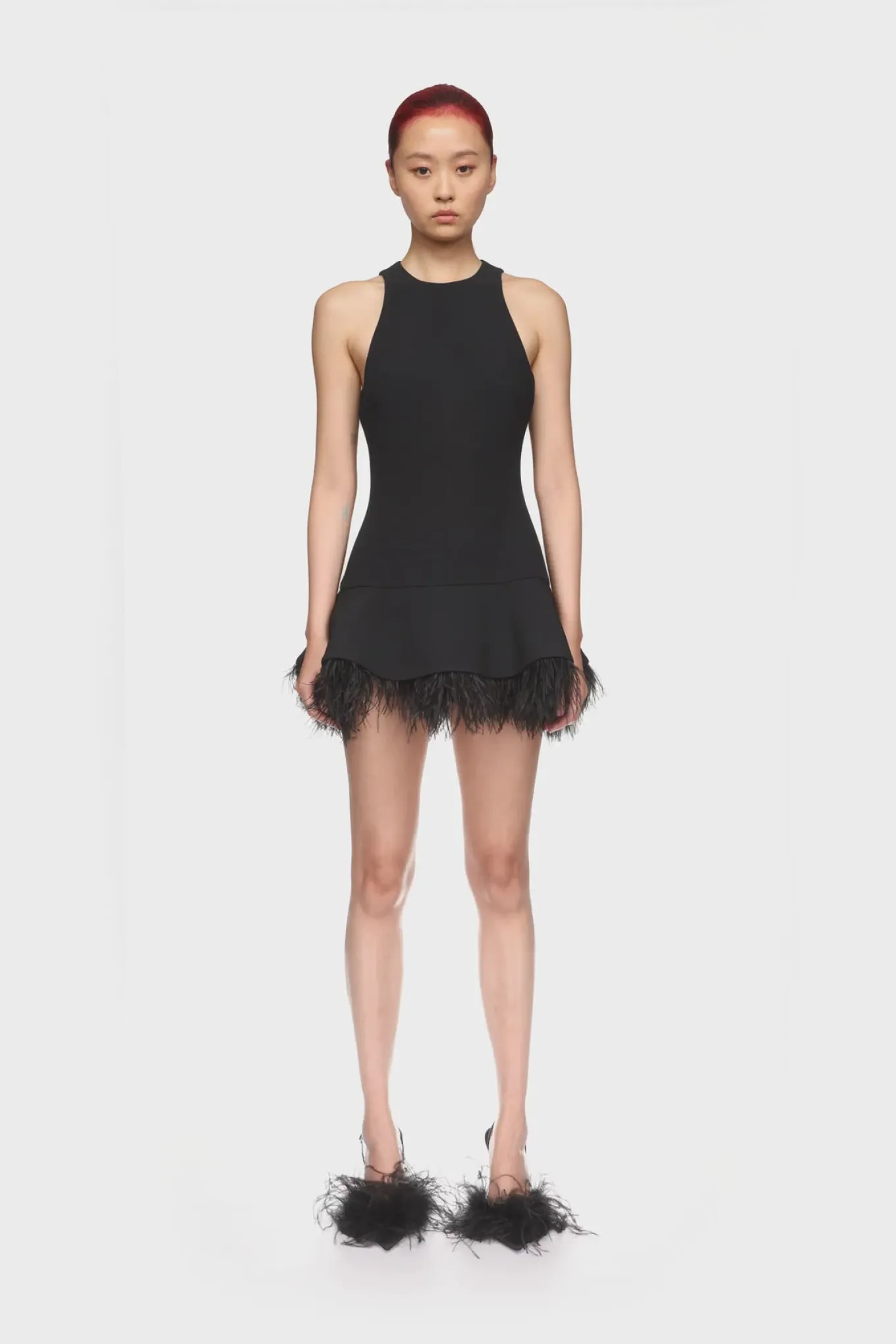 FEATHER TRIM MINI DRESS IN BLACK