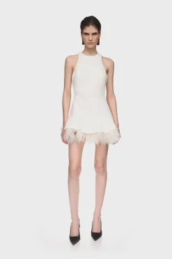 FEATHER TRIM MINI DRESS IN WHITE