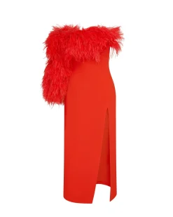 FEATHER TRIM ONE SLEEVE MIDI DRESS