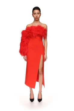 FEATHER TRIM ONE SLEEVE MIDI DRESS