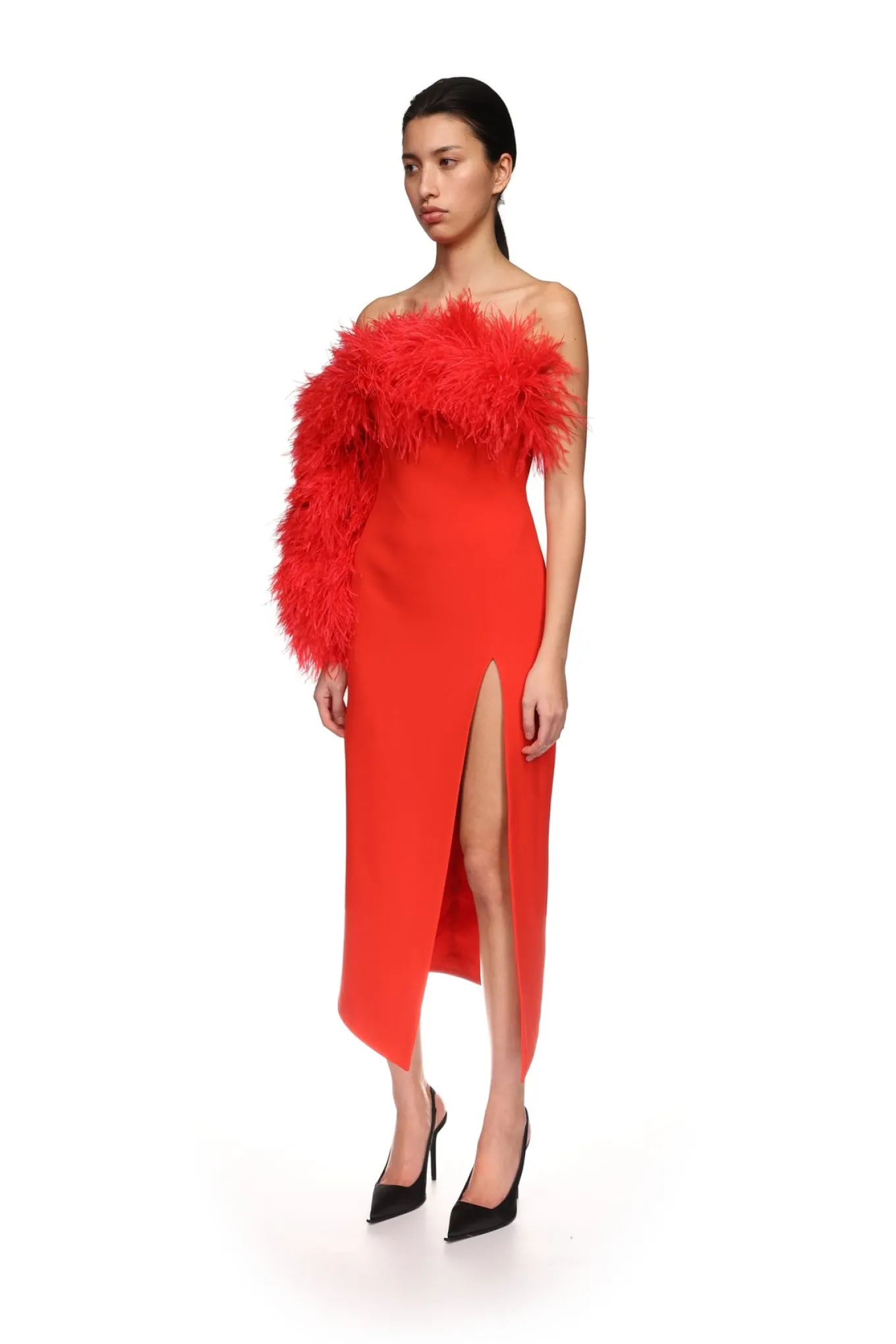 FEATHER TRIM ONE SLEEVE MIDI DRESS