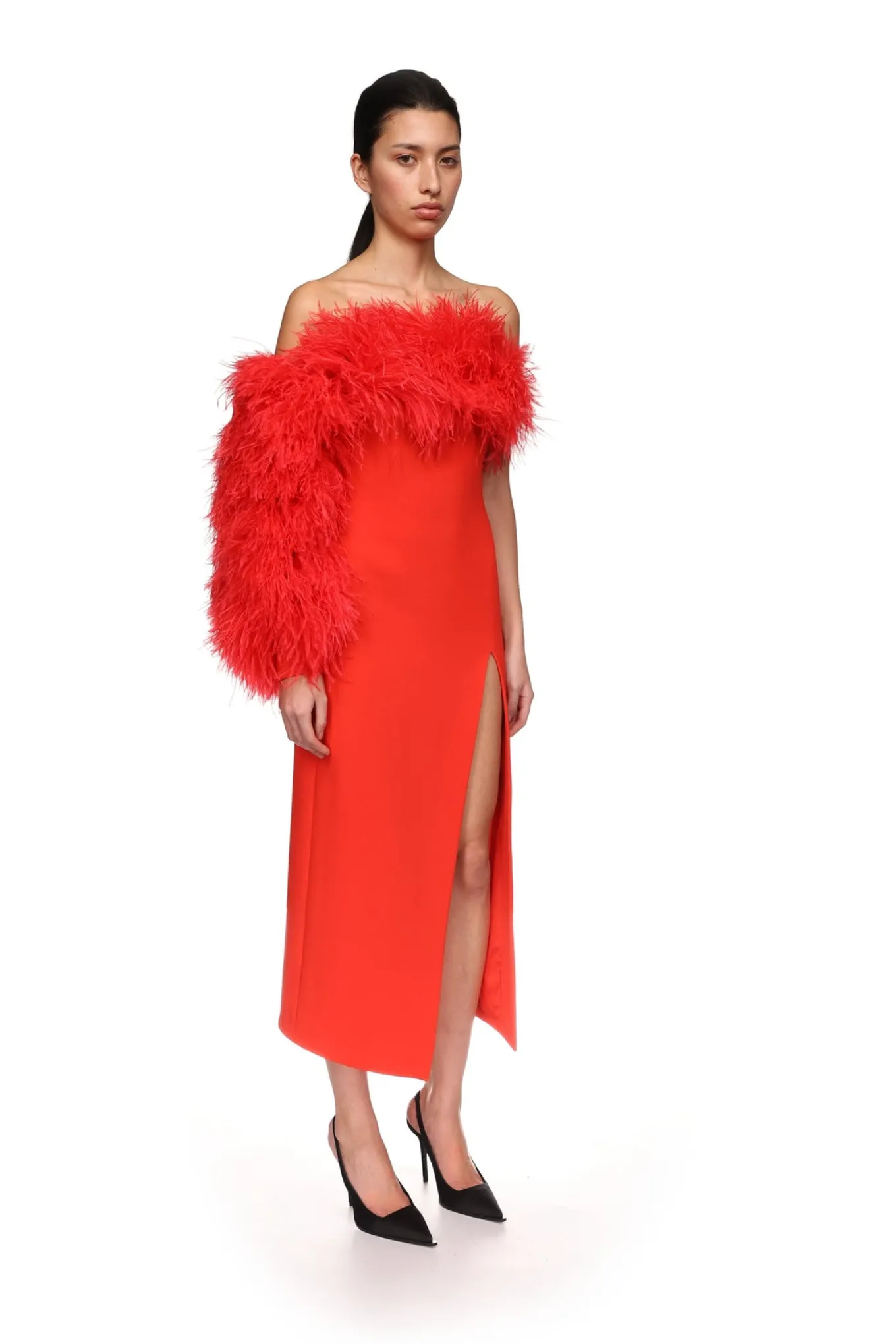 FEATHER TRIM ONE SLEEVE MIDI DRESS