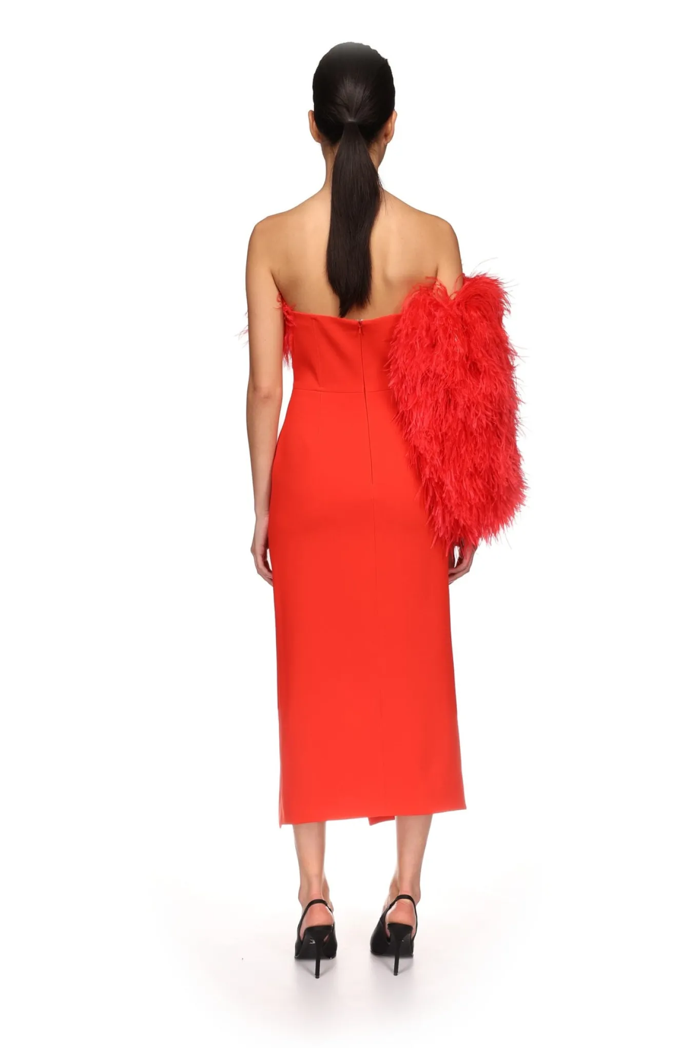 FEATHER TRIM ONE SLEEVE MIDI DRESS