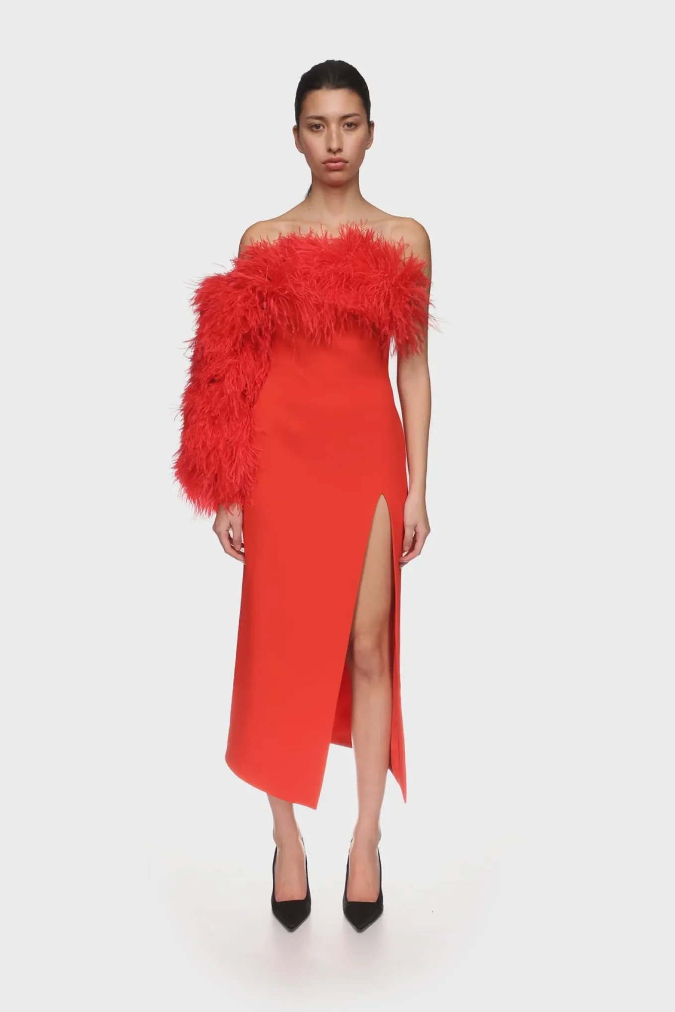 FEATHER TRIM ONE SLEEVE MIDI DRESS