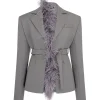 FEATHER TRIM TAILORED JACKET IN GREY