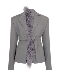 FEATHER TRIM TAILORED JACKET IN GREY