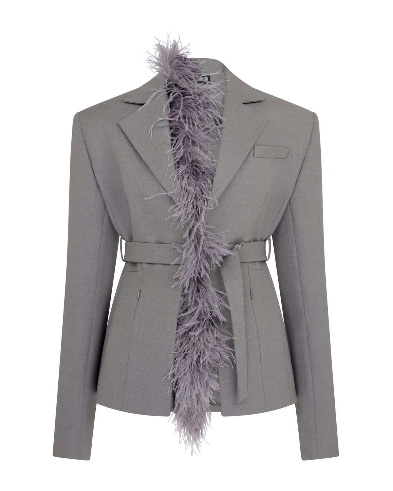 FEATHER TRIM TAILORED JACKET IN GREY