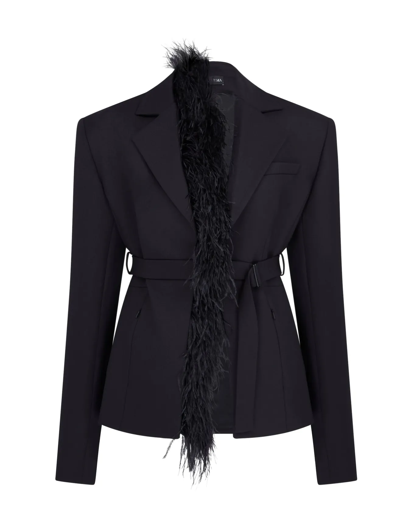 FEATHER TRIM TAILORED JACKET IN BLACK