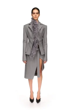 FEATHER TRIM TAILORED JACKET IN GREY