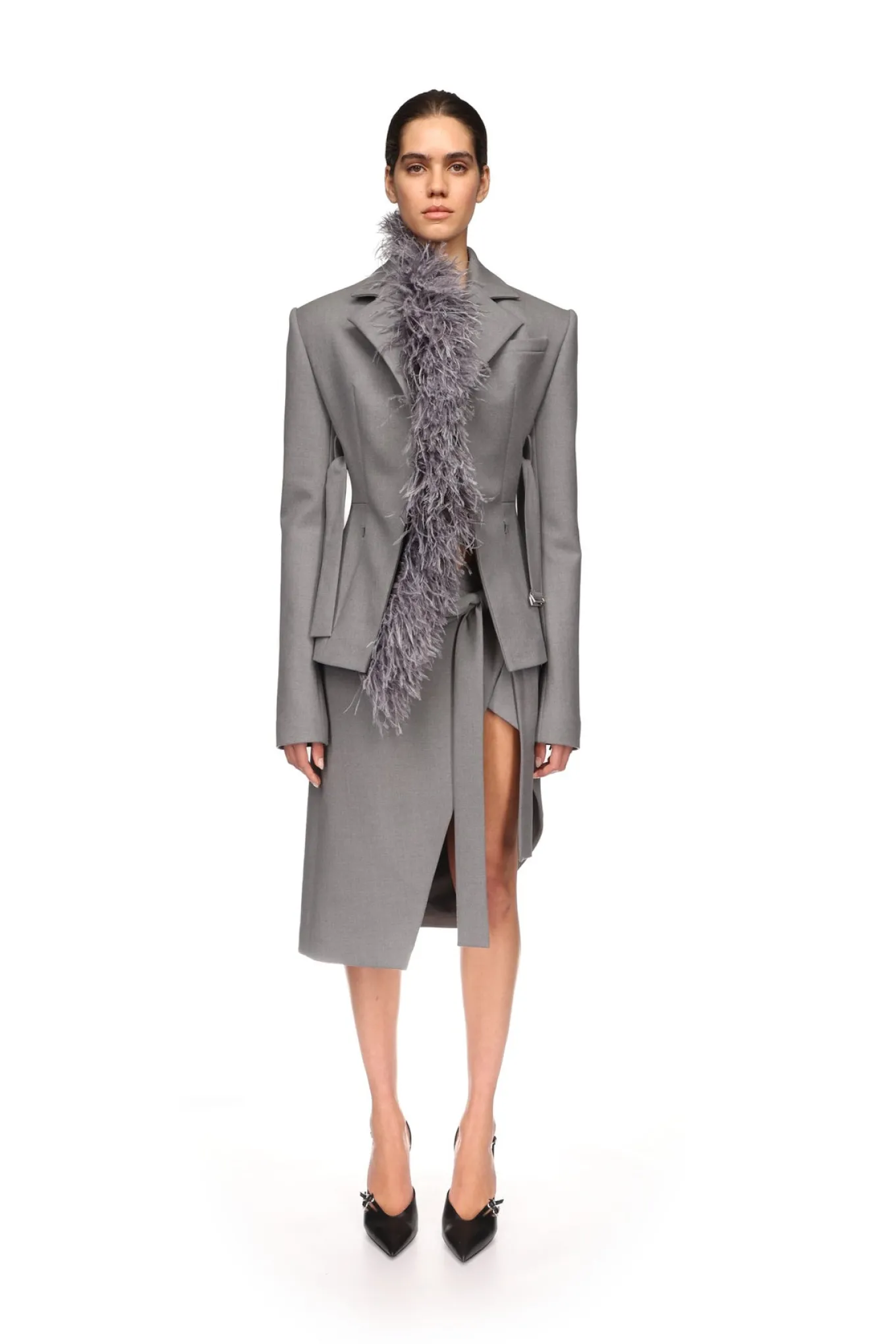 FEATHER TRIM TAILORED JACKET IN GREY