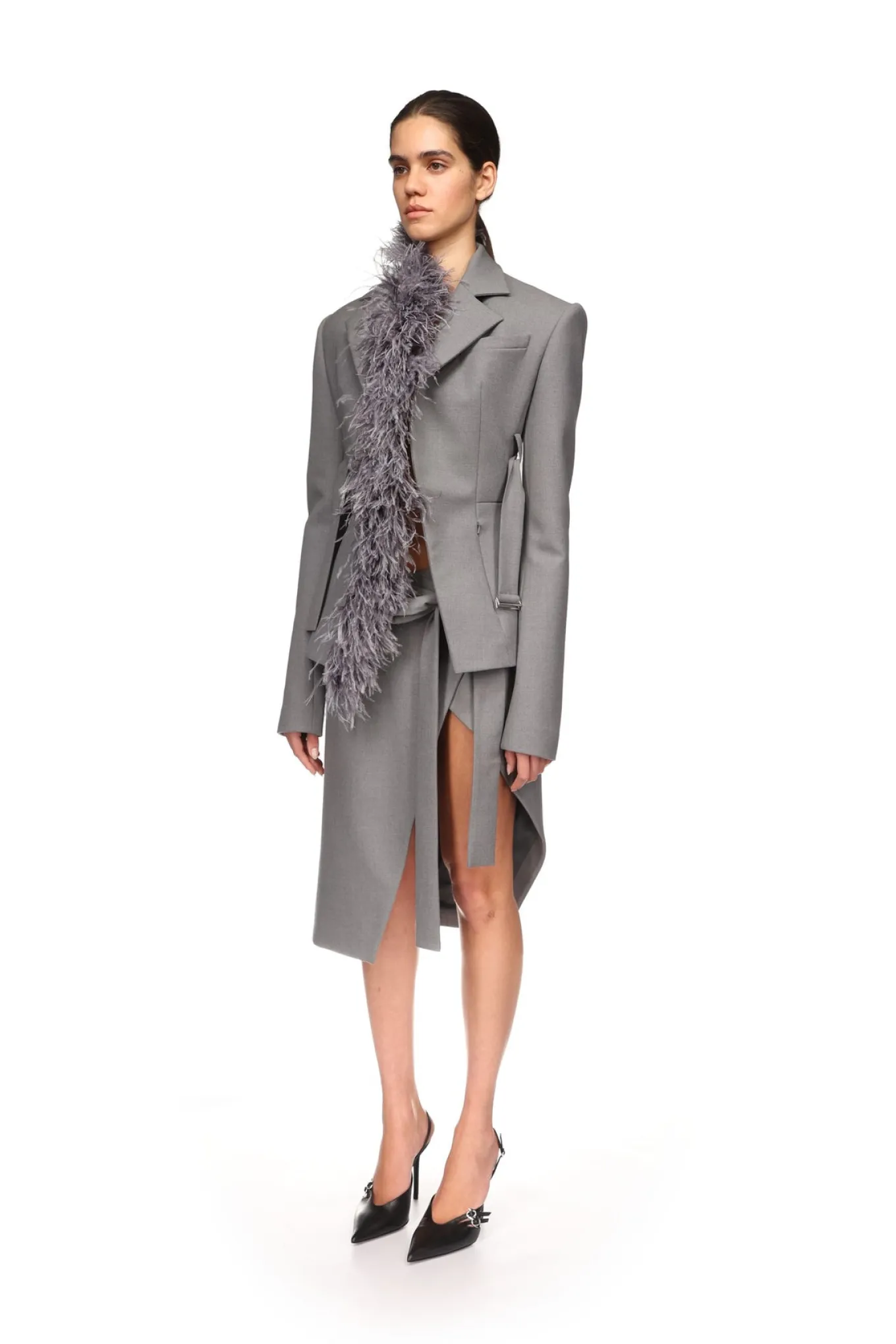 FEATHER TRIM TAILORED JACKET IN GREY