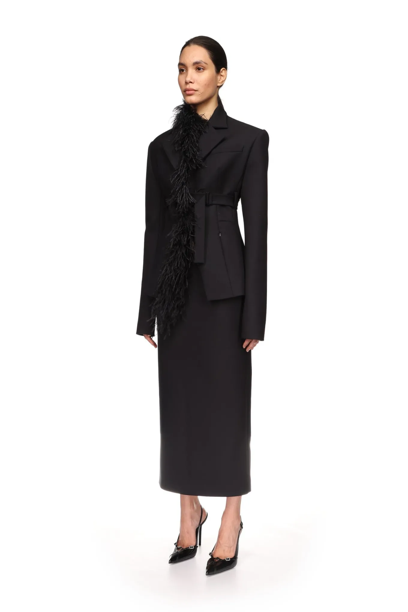 FEATHER TRIM TAILORED JACKET IN BLACK