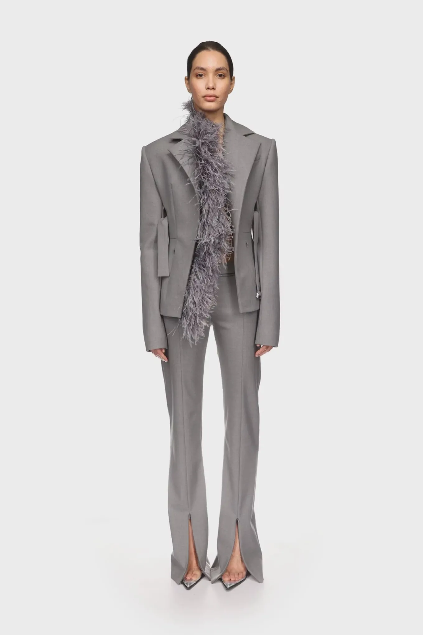 FEATHER TRIM TAILORED JACKET IN GREY