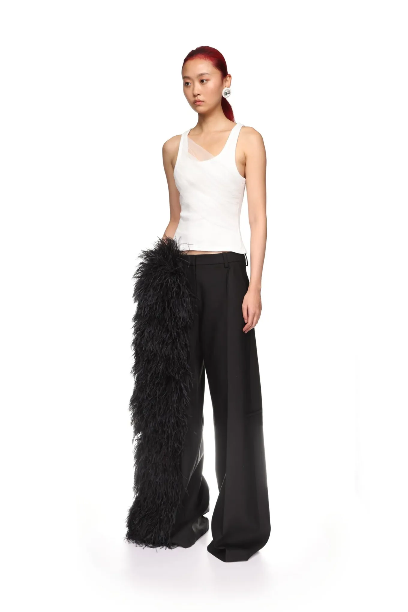 FEATHER TRIM TAILORED TROUSERS