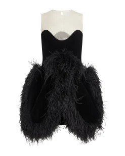 FOLD SKIRT AND FEATHER TRIM MINI DRESS