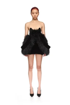 FOLD SKIRT AND FEATHER TRIM MINI DRESS