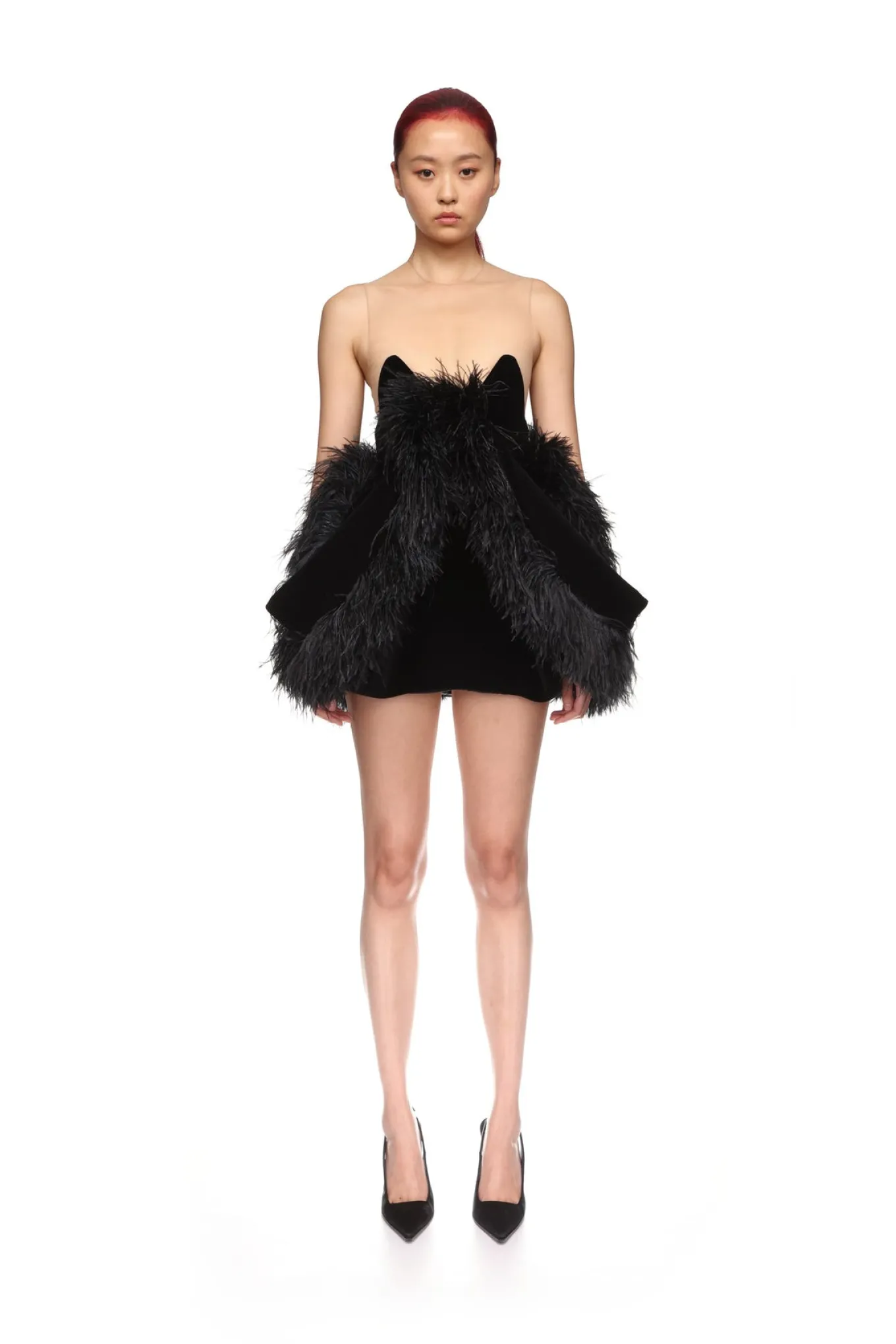 FOLD SKIRT AND FEATHER TRIM MINI DRESS