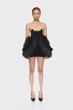 FOLD SKIRT AND FEATHER TRIM MINI DRESS