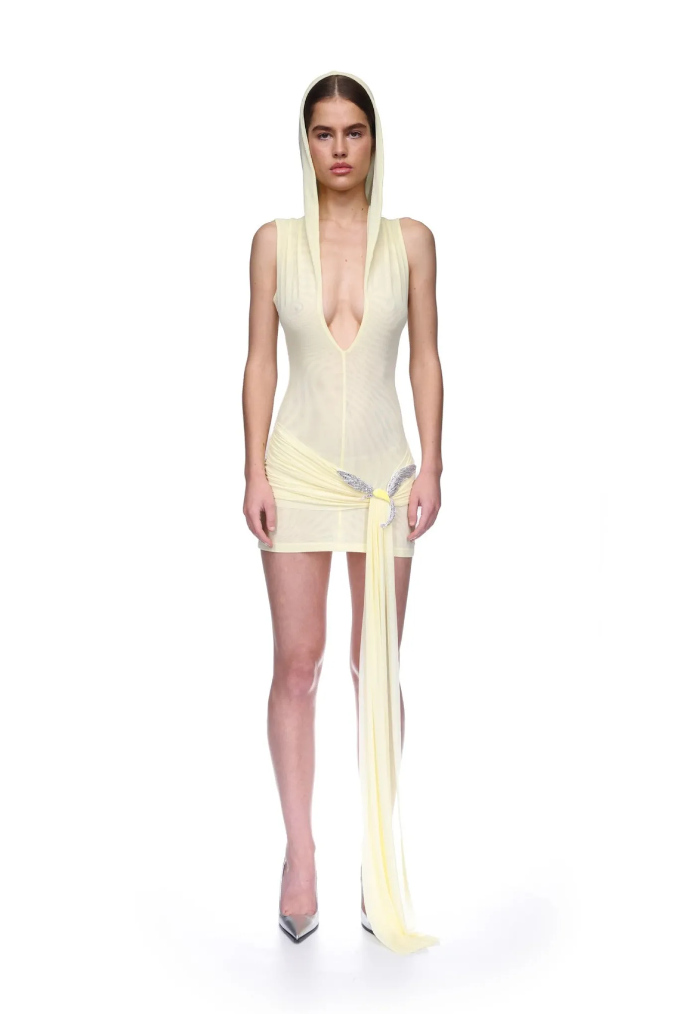 HOODED MINI DRESS WITH CRYSTAL HUMMINGBIRD