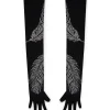 LONG CRYSTAL FEATHER GLOVES IN BLACK