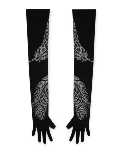 LONG CRYSTAL FEATHER GLOVES IN BLACK