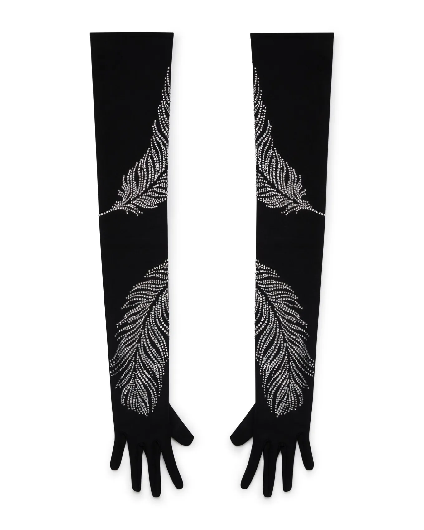 LONG CRYSTAL FEATHER GLOVES IN BLACK