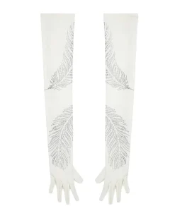 LONG CRYSTAL FEATHER GLOVES IN WHITE