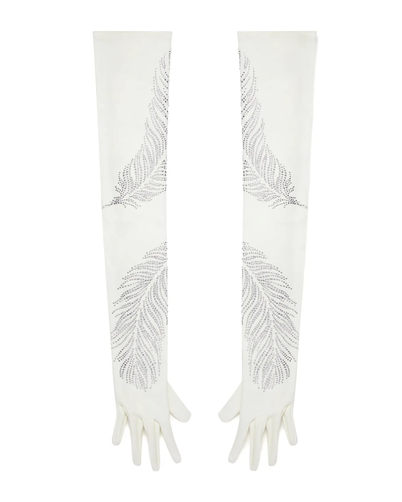LONG CRYSTAL FEATHER GLOVES IN WHITE