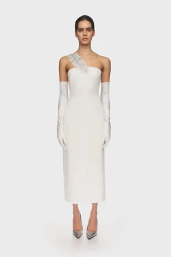 LONG CRYSTAL FEATHER GLOVES IN WHITE