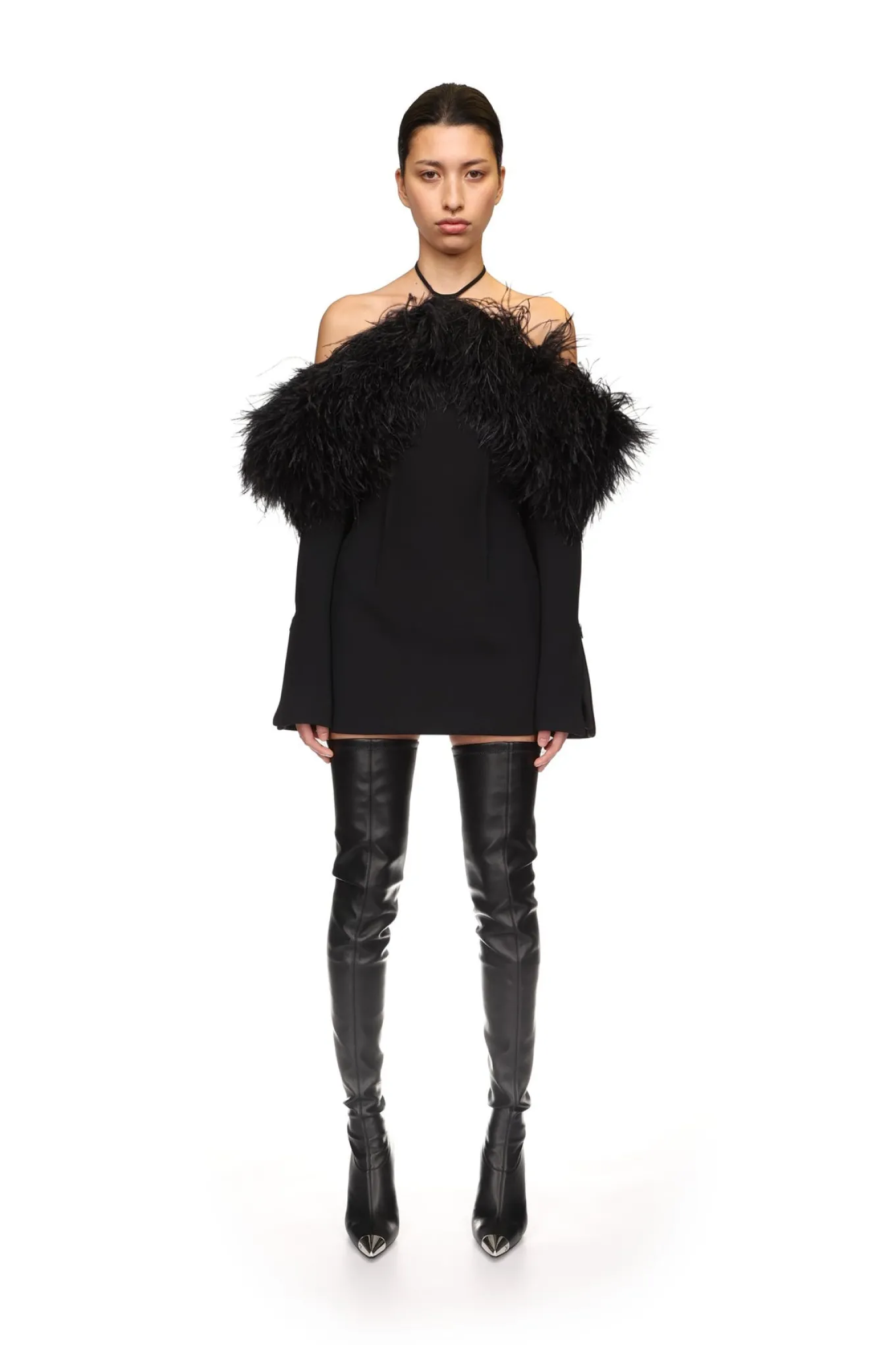 OFF THE SHOULDER FEATHER MINI DRESS