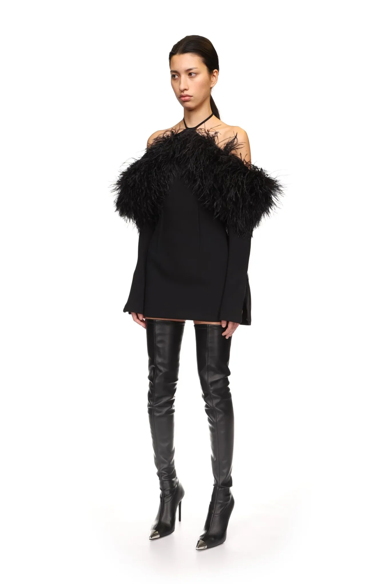 OFF THE SHOULDER FEATHER MINI DRESS