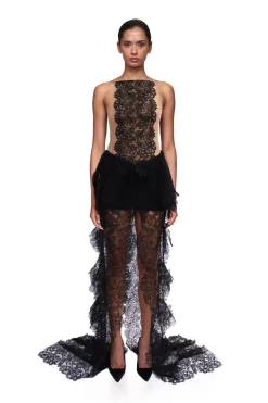 OPEN SIDE LACE RUFFLE GOWN