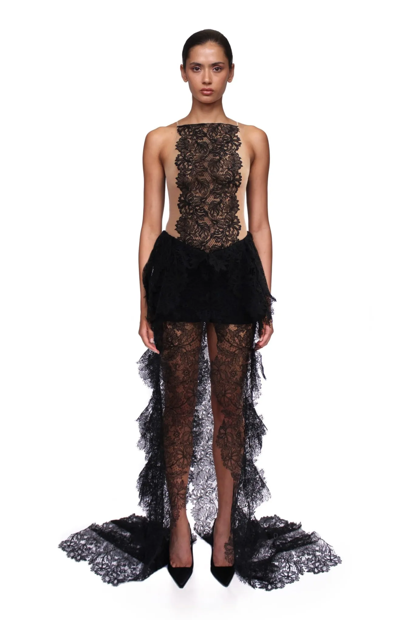 OPEN SIDE LACE RUFFLE GOWN