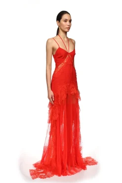PLEATED SKIRT AND LACE TRIM GOWN