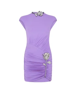 PURPLE RUCHED ROSE MINI DRESS
